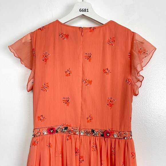 MAC DUGGAL Tiered Ruffle Chiffon Midi Dress in Apricot Size US 6 - Picture 7 of 8